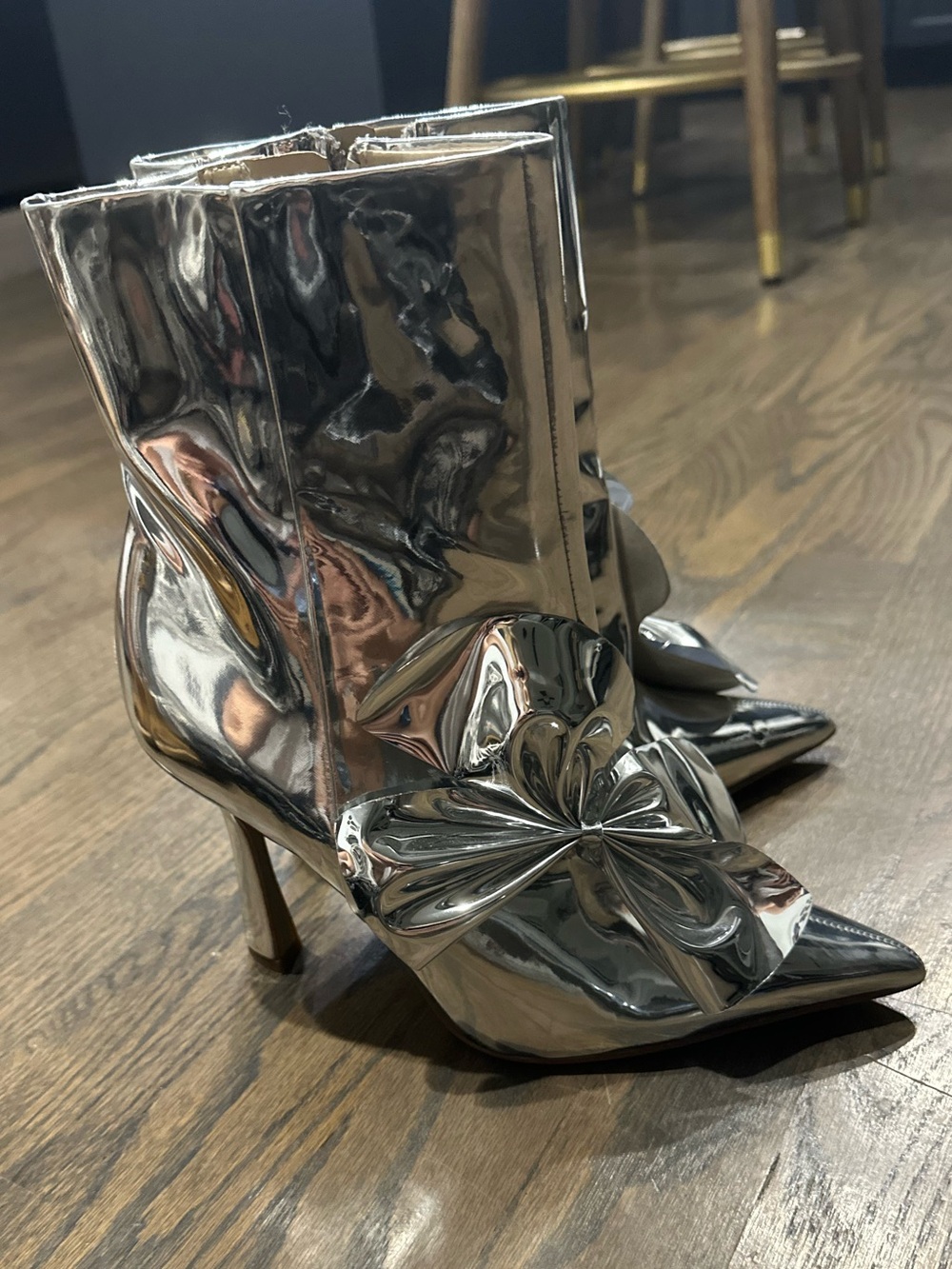 Sam Edelman Silver Pointed Toe Metallic Ankle Boots with Sculpted Bow
